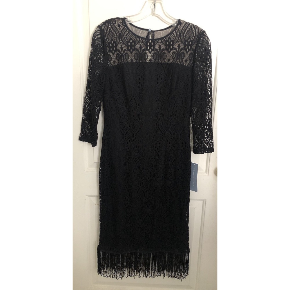 LONDON TIMES Flapper Great Gatsby LACE FRINGE Dress Womens Size 6 NWT Black